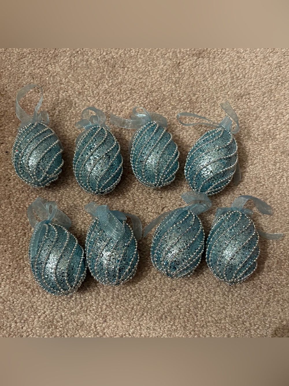 Set of 8 Teal Glitter Spiral Easter Egg Ornaments